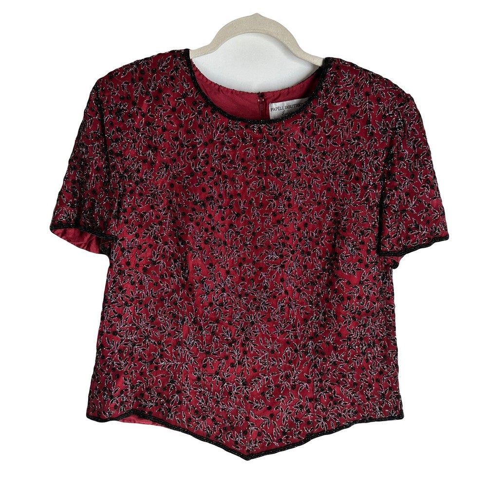 Papell Boutique Silk Evening Top Size XL Short Sleeve Red Black Leaves Beading